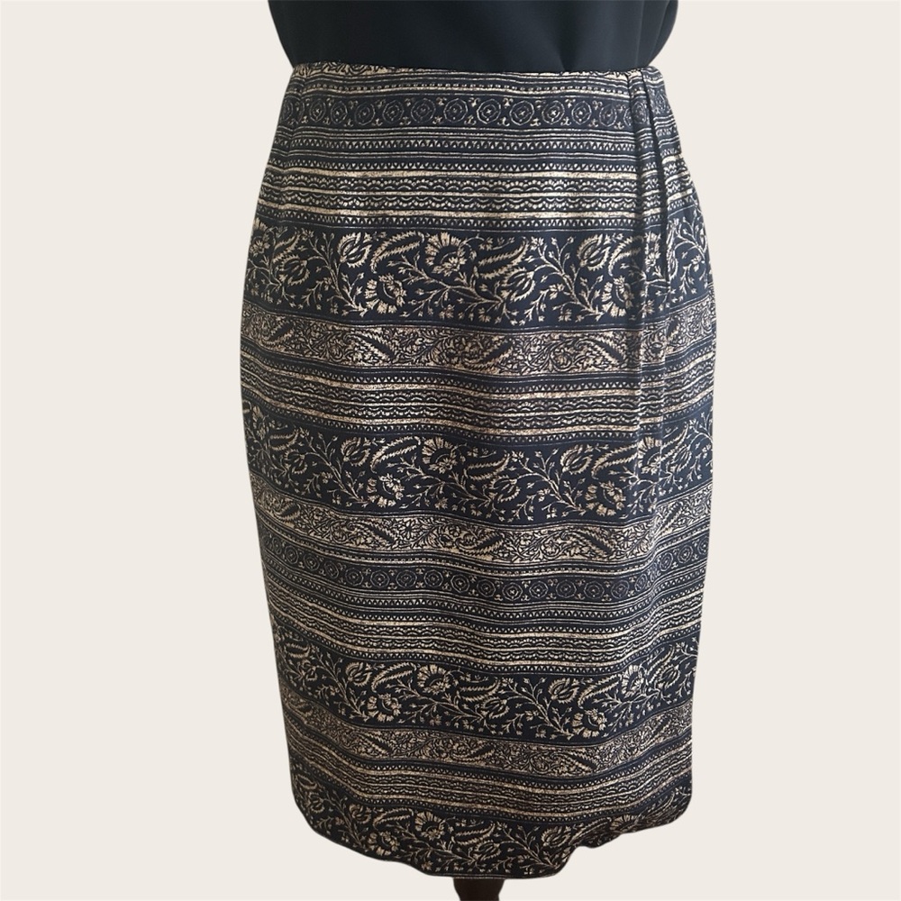 Vintage 90s Chaus Faux Wrap Skirt 16 | Black Tan Tapestry Floral Office Career